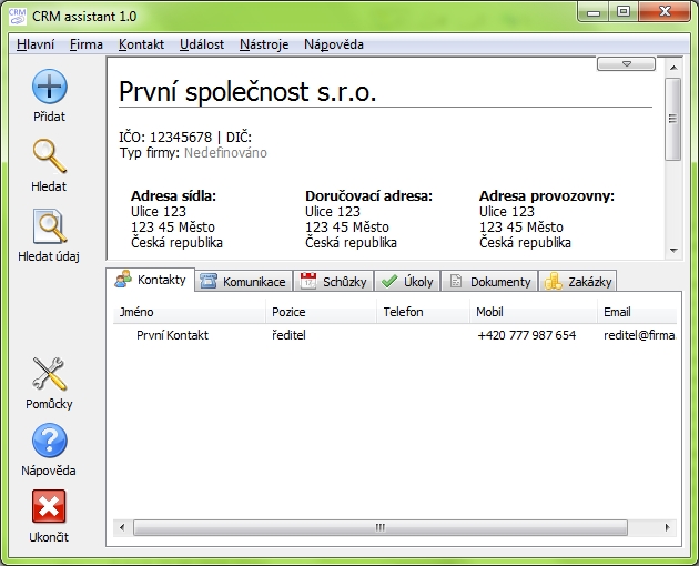 Hlavní okno programu CRM assistant